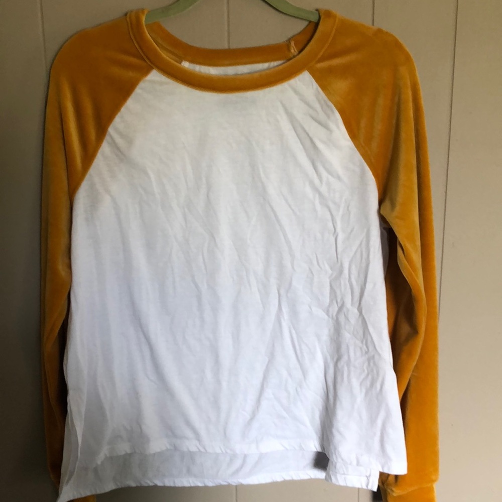 white and mustard baseball style tee